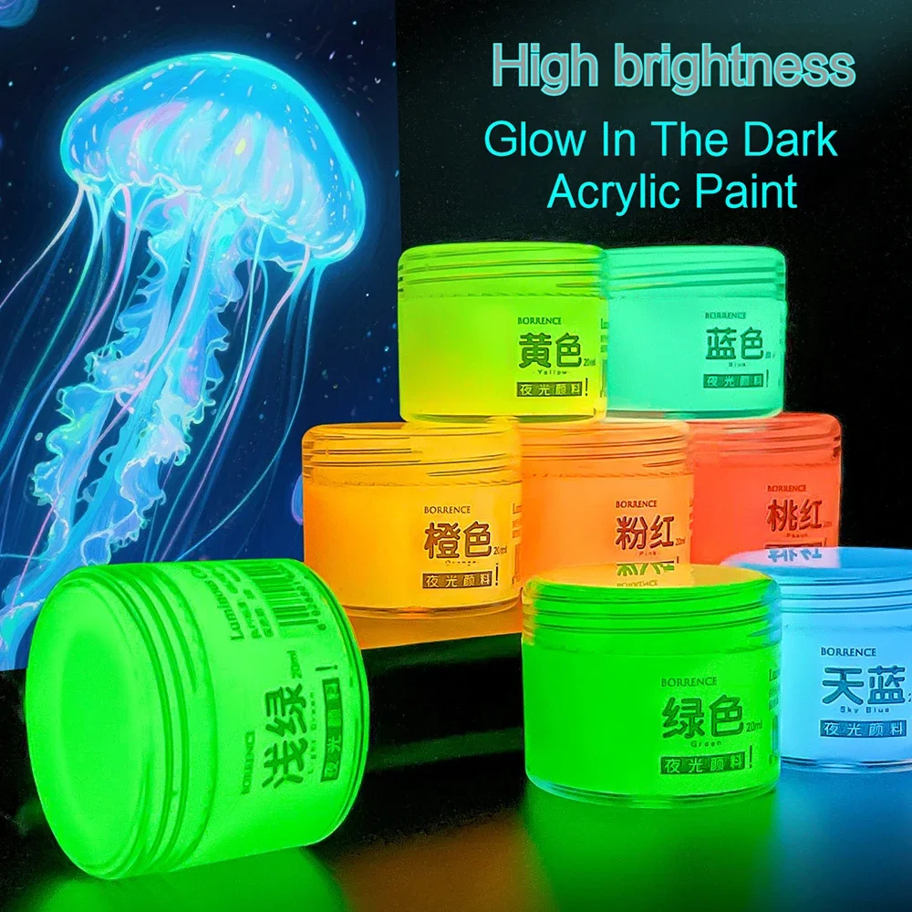 Borrence 20ml Glow In The Dark Acrylic Paint Set 8-Color Hand-Painted Graffiti DIY Fluorescent Pigment Luminous Paint Waterproof