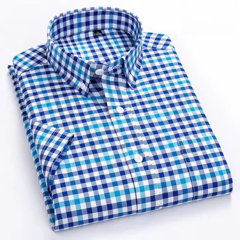 Neu im Hemd Höhe 100% Baumwolle Sommer Kurzarm hemden für Männer Slim Fit Hemd dünne karierte Hahnen tritt weiche Büro kleidung