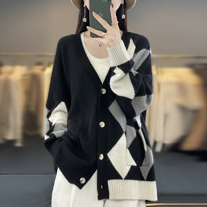 Sweater cardigan wanita, mantel wol murni leher V warna cocok longgar musim gugur dan dingin 2023