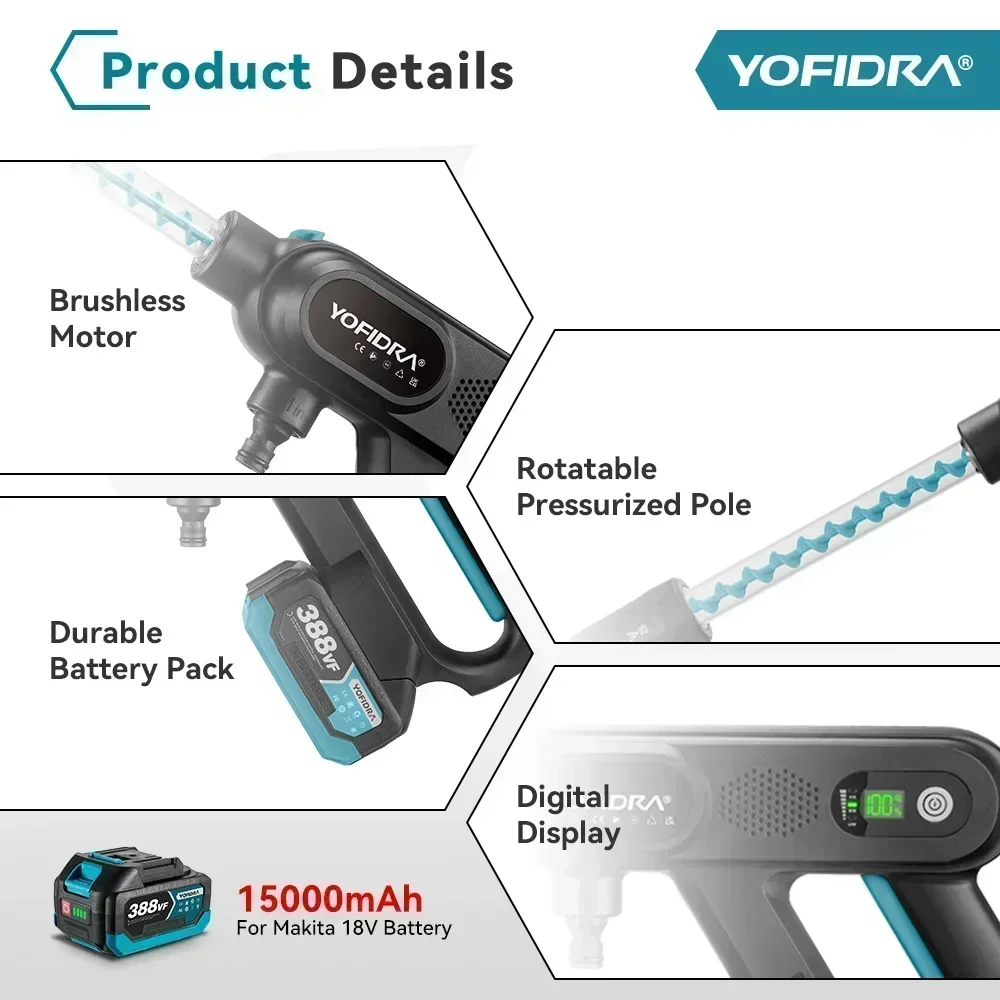 YOFIDRA 220Bar Brushless High Pressure Car Washer Gun 3 Gear Electric Washing Water Wash Spray Gun For Makita 18V Battery Pin