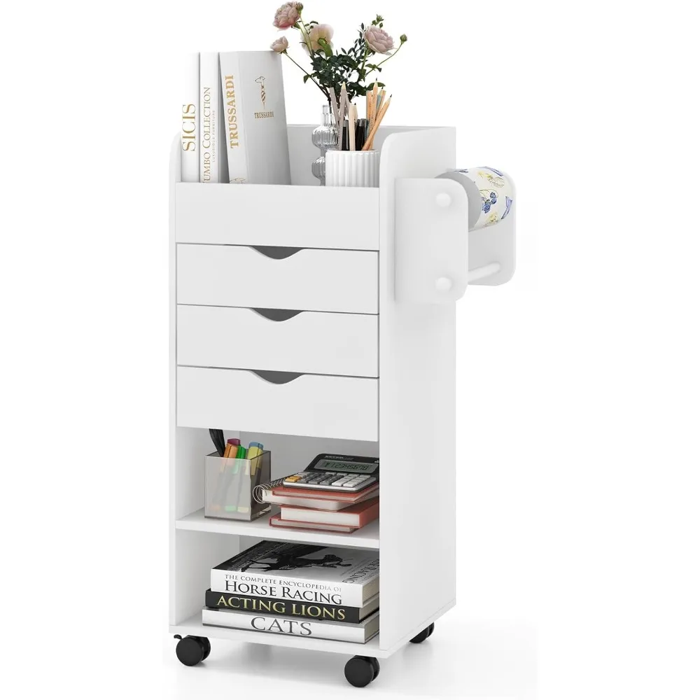 Rolling Storage Drawer Cart, Mobile Storage Cabinet with 3 Drawers, 2 Open Shelves, 2 Dowel Rods, Wooden Craft Organizer