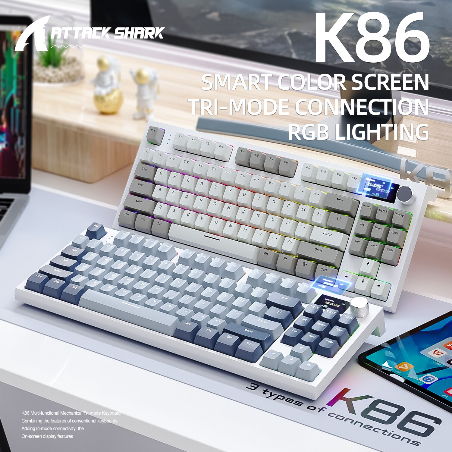 Teclado mecánico inalámbrico K86 intercambiable en caliente Bluetooth/2,4g con pantalla de visualización y botón giratorio de volumen para juegos y trabajo