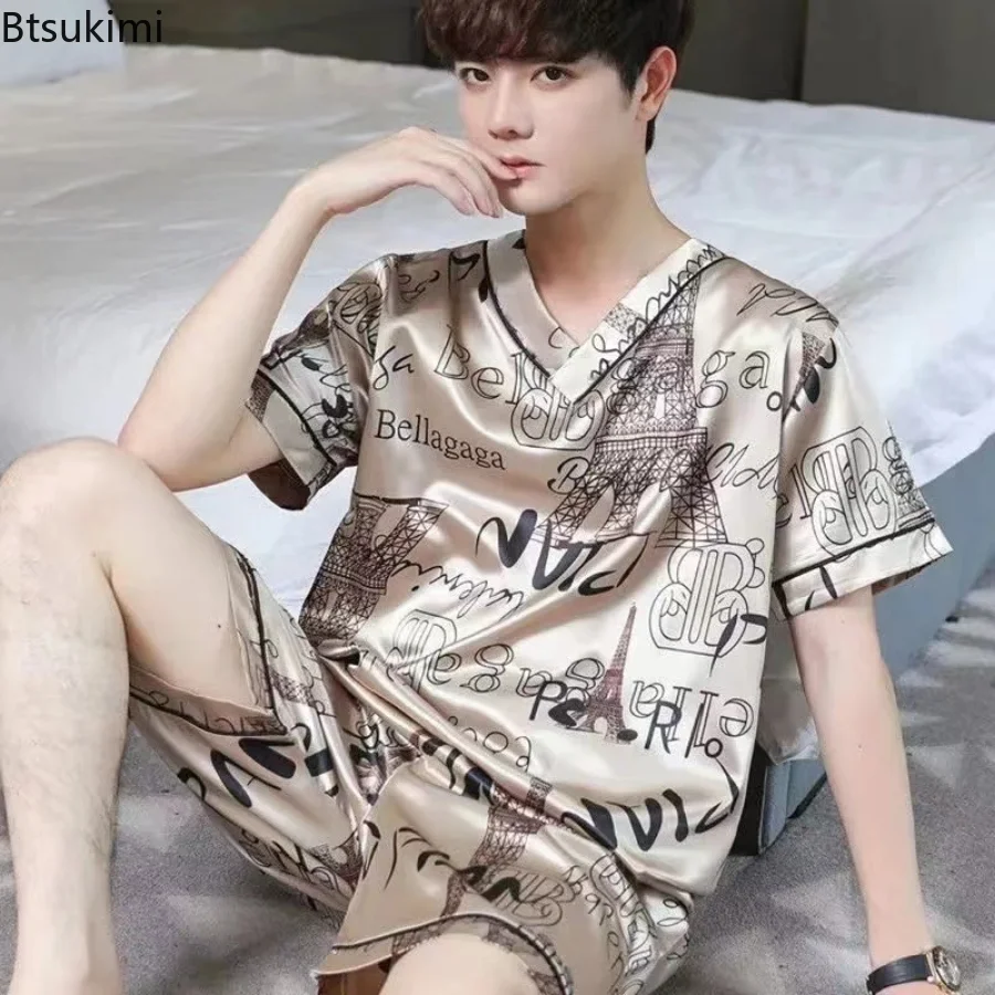 Ensemble de pyjama deux pièces en satin pour hommes, vêtements de nuit pour hommes, vêtements de maison, vêtements de nuit pour hommes, pyjamas de sommeil, nouveau, été
