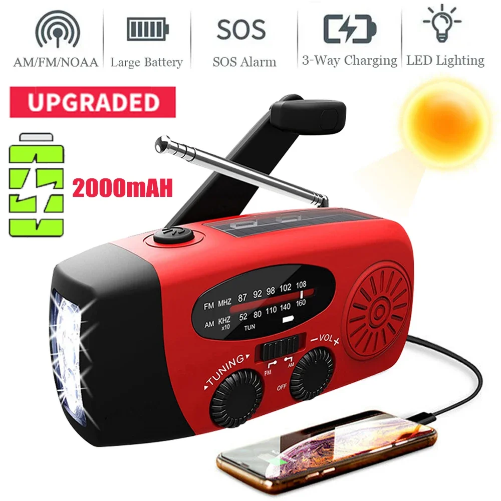 Wielofunkcyjne radio słoneczne z napędem korbowym FM AM NOAA Radio pogodowe 2000mAh Awaryjna latarka LED Dynamo ręczne Power Bank