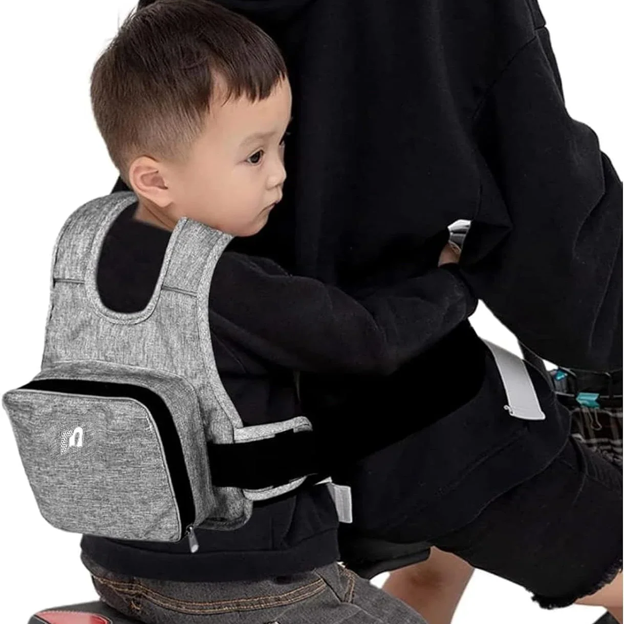 Arnês de segurança infantil para motocicleta com bolsa de armazenamento, alças respiráveis ajustáveis para crianças, cinto de segurança para moto