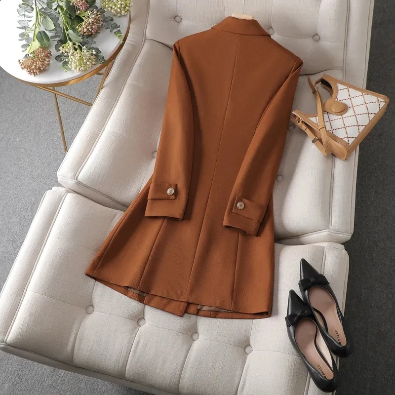 เสื้อเบลเซอร์ตัวยาวสำหรับผู้หญิงสีกากีสีกาแฟสีดำเสื้อ jaket formal ใส่ทำงานใส่ทำงานแนวธุรกิจแจ็คเก็ตฤดูหนาวฤดูใบไม้ร่วง