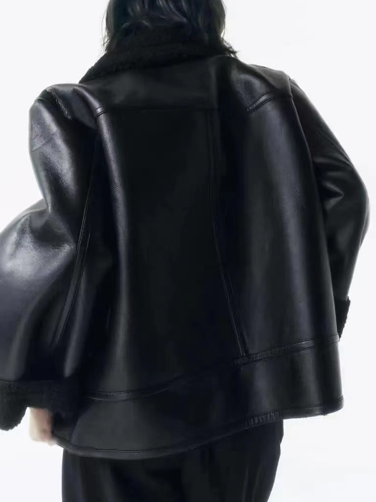 フェイクレザー女性暖かいフリースジャケット 2023 冬のファッションレディースルーズ黒アウターカジュアル女性ストリートコートシック