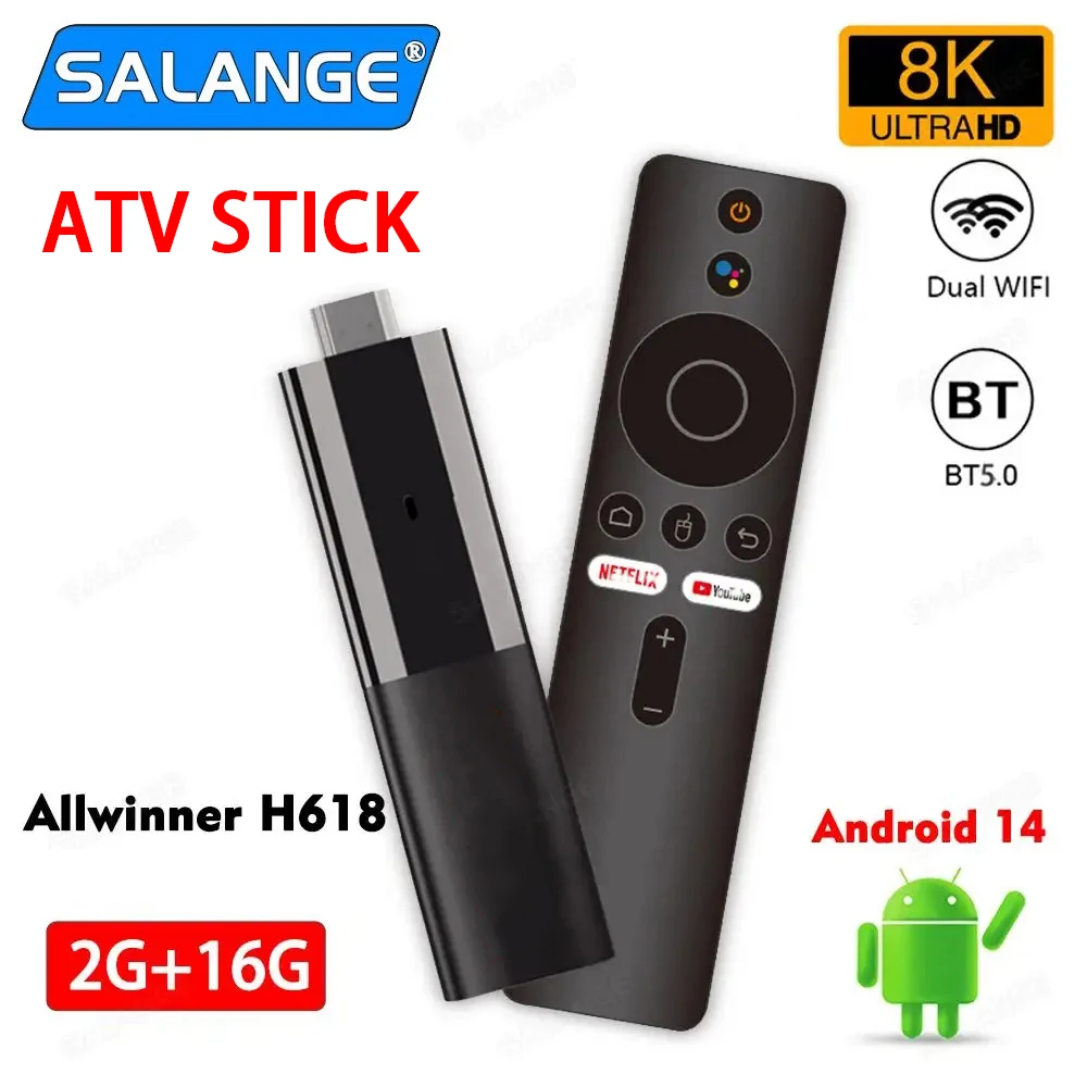 Android 14 ATV Smart TV Stick Поддержка 8K Видео 4K BT5.0 WiFi 6 Allwinner H618 Четырехъядерный процессор Cortex A53 Голосовой пульт дистанционного управления Smart TV Box