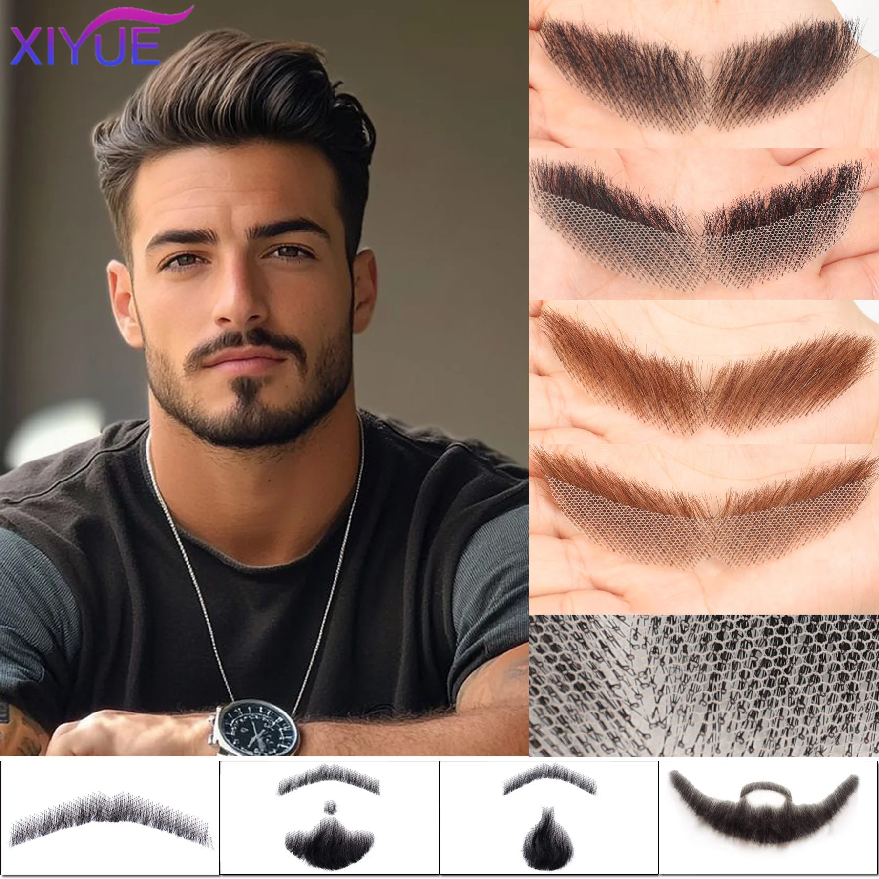 XIYUE synthetischer Spitzenbart, gefälschter Schnurrbart für Männer, Schnurrbart, handgefertigt von echtem Haar, Cosplay, synthetische Spitze, unsichtbare Bärte
