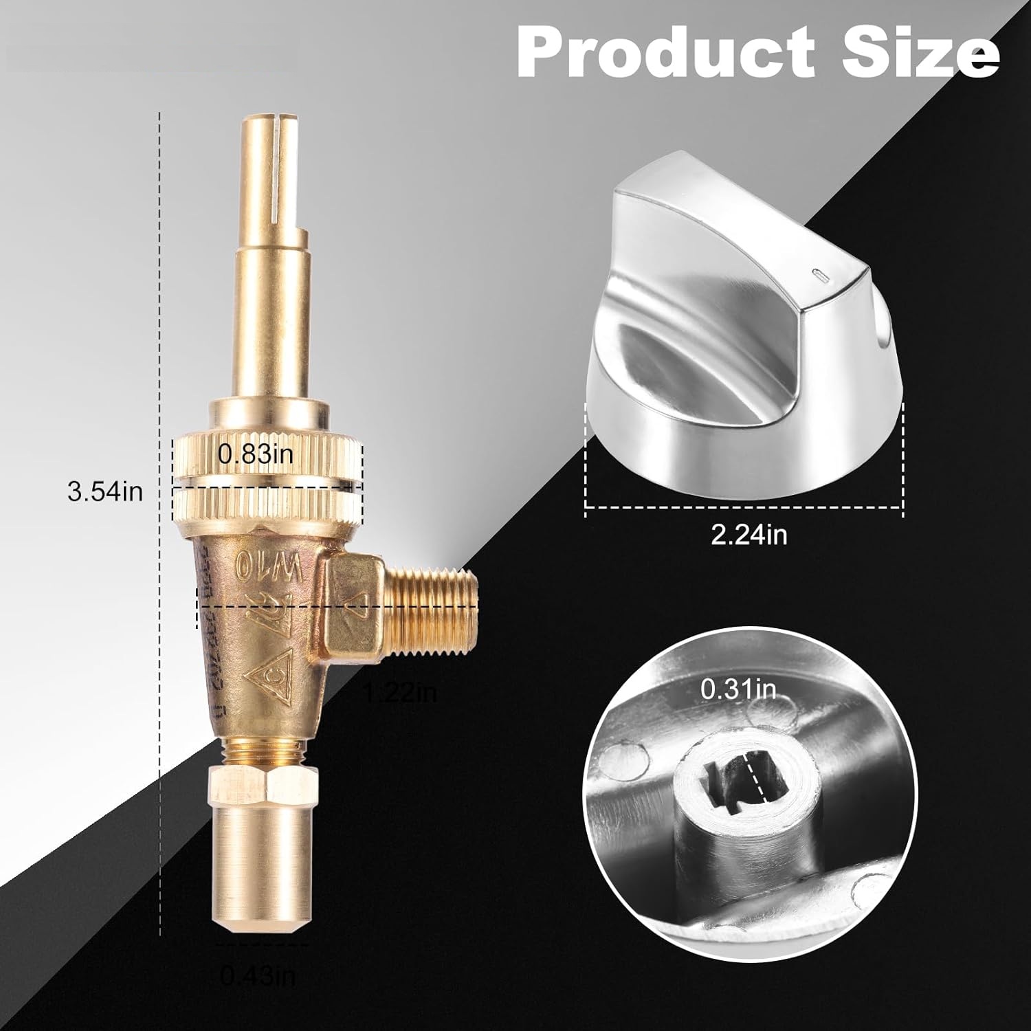 2pcs/1kit Brass Gas Control Valve 0.047" Orfice Nozzle with Chromed Steel Control Knob Stem Length 1.4" for Restaurant Kitchens