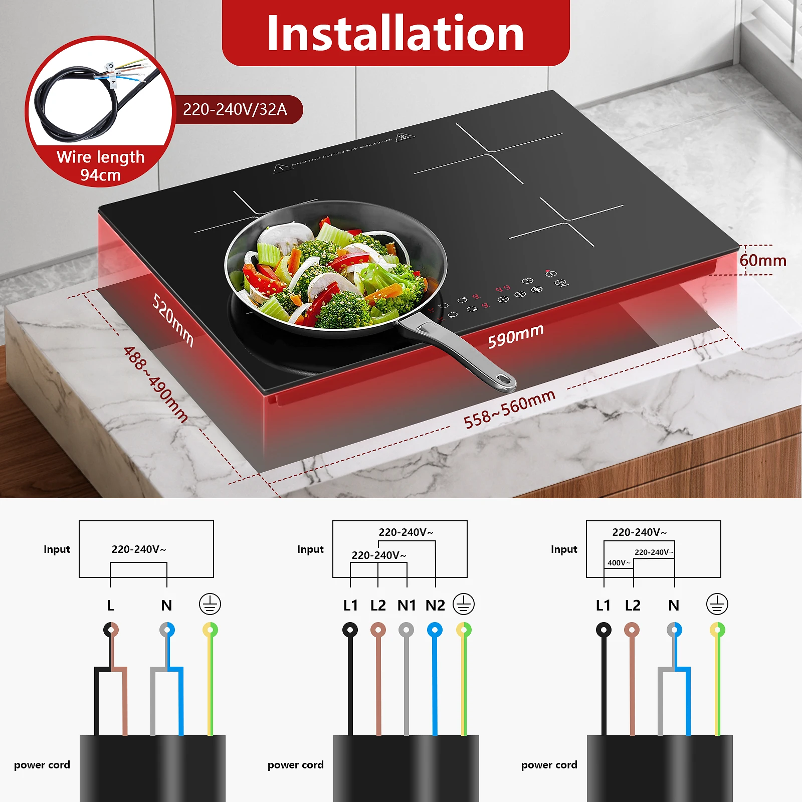 KICHPOWER 60 cm 4 Platten Touch-Bedienung 1–99 Min. Timer-Induktionskochfeld