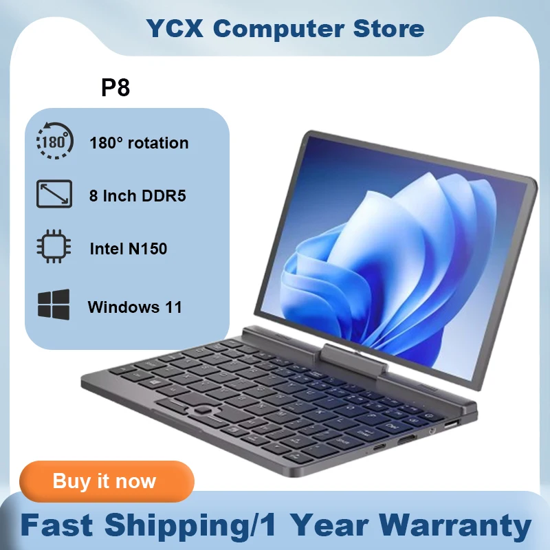 P8 Mini Laptop Intel N150 Core 8 Inch 4800MHz 12th Gen Laptops Windows 11 LPDDR5 12GB 1TB BT5.2 Flip 180°  Portable Computer