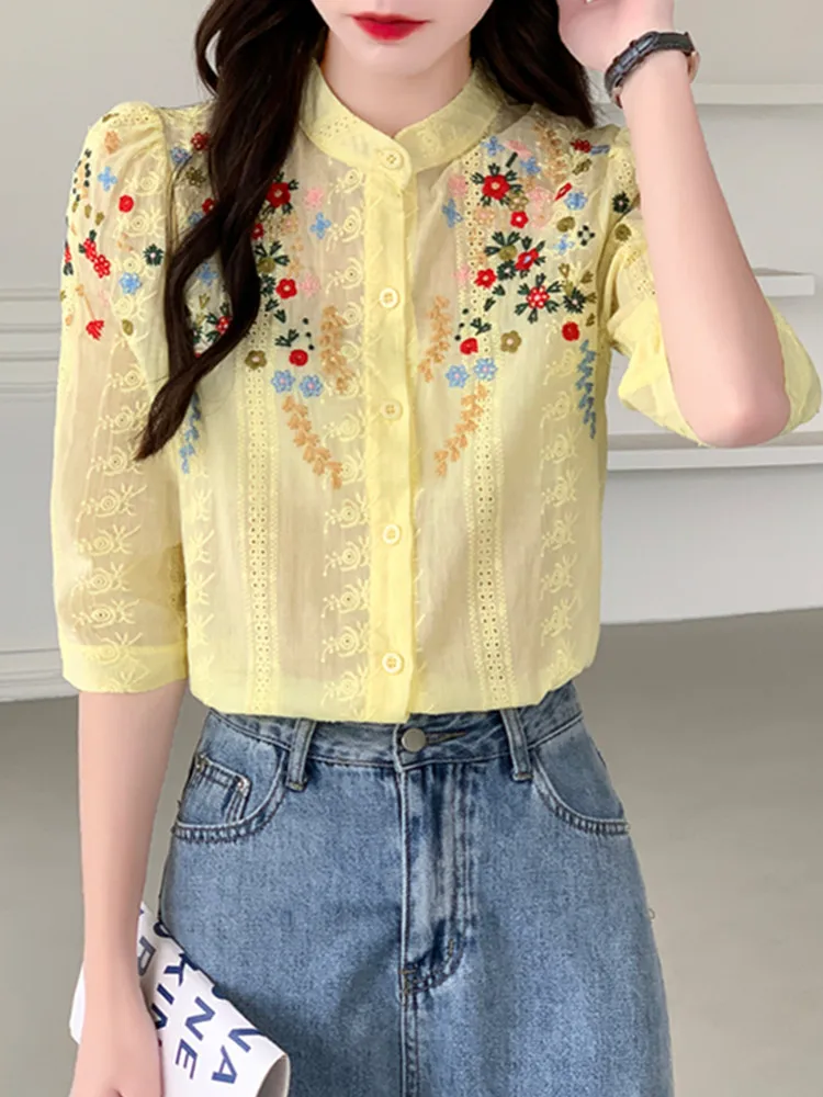 Smthma-女性のための花のジャカードシャツ,新しい,ヴィンテージスタイル,カジュアルでロマンチック,多用途スタンドカラー,夏