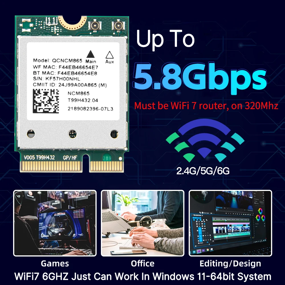 Сетевая карта fenvi Wifi 7 QCNCM865 M.2 Bluetooth 5.3 до 5.8 Гбит/с лучше, чем беспроводной адаптер Wi-Fi 6E Wlan только для Win 11Wu