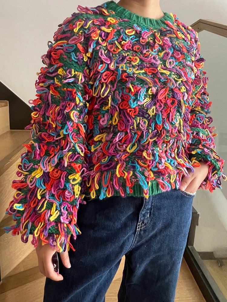 Fransen Häkelpullover Regenbogenfarbener handgemachter Pullover Rundhalsausschnitt Dicke Nadeln Strickpullover Strickwaren Herbst/Winter Damenbekleidung