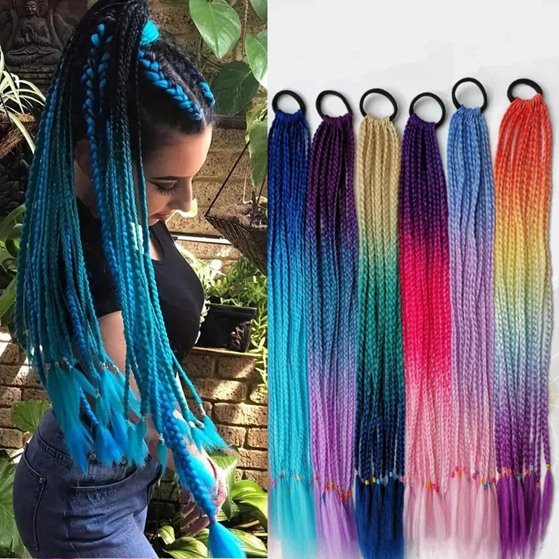 Hairstar sintético colorido trançado rabo de cavalo extensão do cabelo 60cm elástico de borracha trança rabo de cavalo extensões de cabelo para meninas