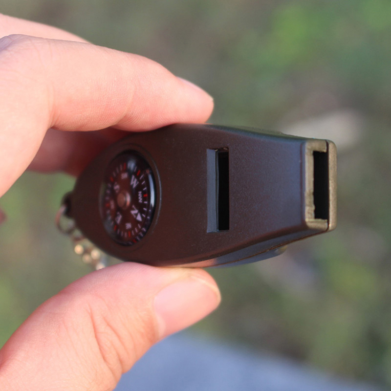 黒の4in1ミニサバイバルツール温度計ホイッスルコンパス屋外キャンプハイキングレスキューツールホイッスル