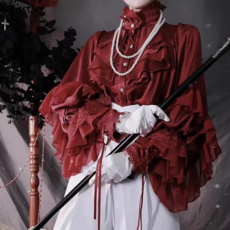 Viktorianischen Gothic Vintage Lolita Shirts Frauen Elegante Spitze Patchwork Batwing Hülse Bluse Tops Weibliche Y2k Ästhetischen JK Blusas