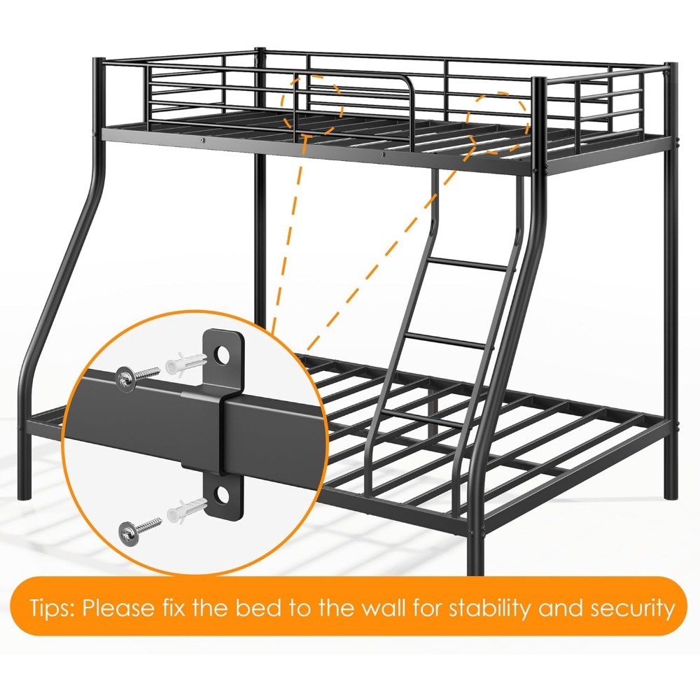 Metal Bunk Bed, Twin Over Full Size Bed Frame with Safety Ladder & Guardrail, Heavy Duty Bunkbeds for Adults Teens, Space-Saving