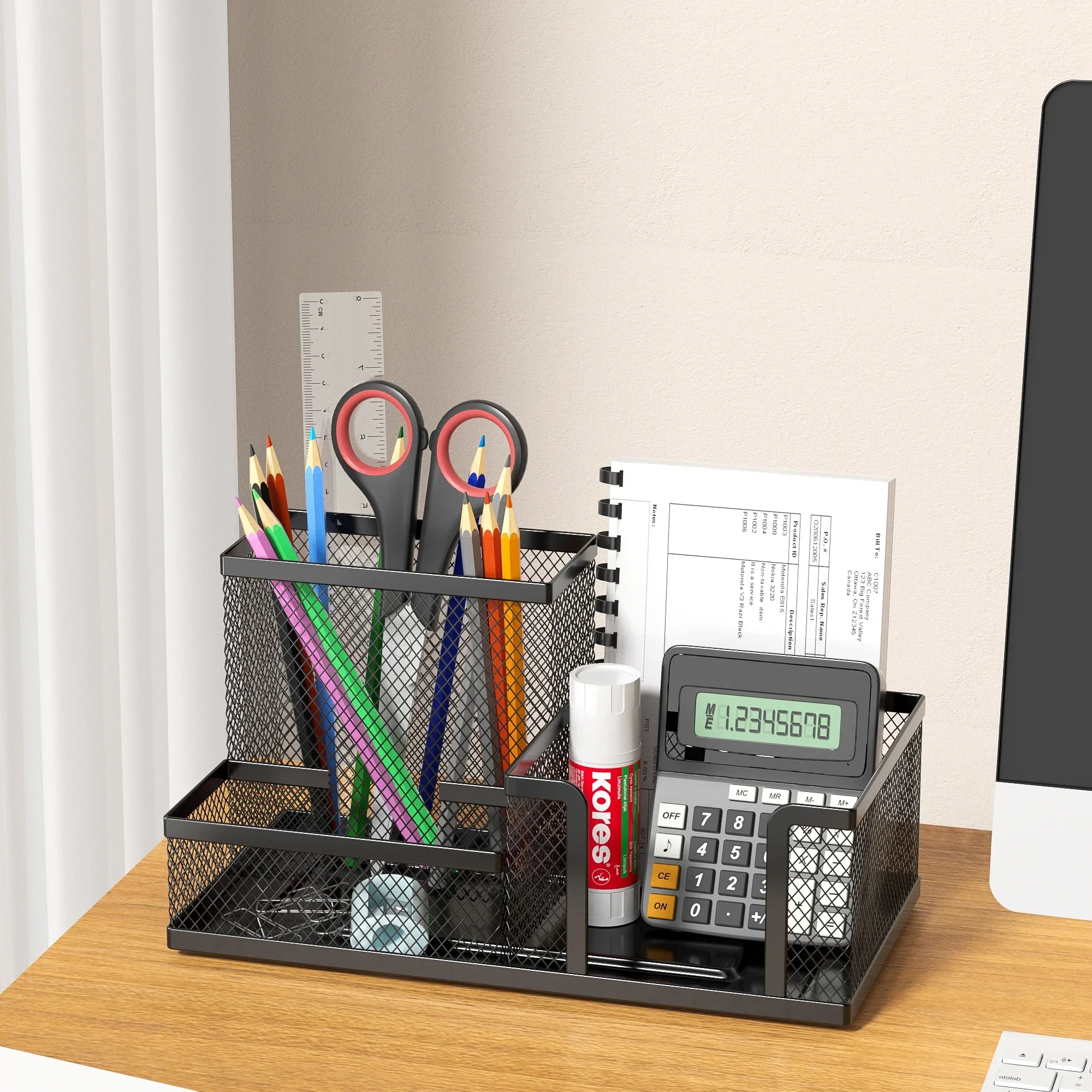 Organizer da scrivania in rete nera - 3 scomparti con portapenne e cestini portaoggetti, forniture per ufficio domano rapidamente