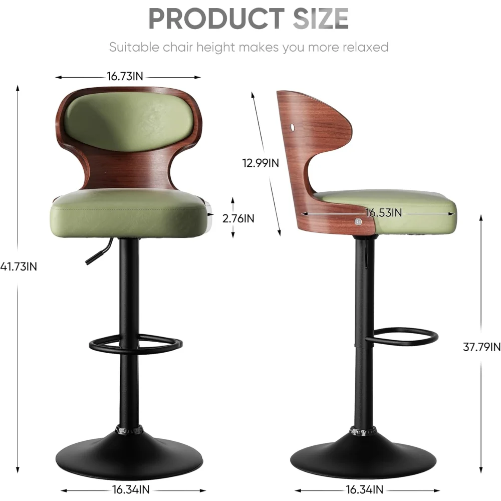 Bar Stools Set of 4 Seat Adjustable Height 24.5-33.5IN-Bentwood Swivel Barstools with Back&Footrest - PU Leather Upholstered