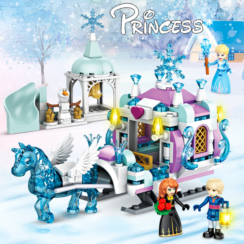 เพื่อนเจ้าหญิงหรูหราปราสาทน้ําแข็งสนามเด็กเล่น House ภาพยนตร์ฤดูหนาว Snow Horse Figures Building Blocks ชุดของเล่นสําหรับหญิง DIY ของขวัญ