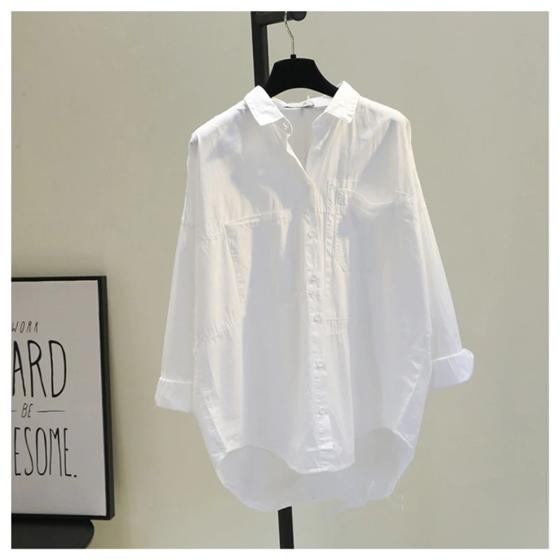 Primavera coreano oose casual simples cor sólida manga longa senhora camisa irregular elegante bolsos feminino versátil blusa branca 971