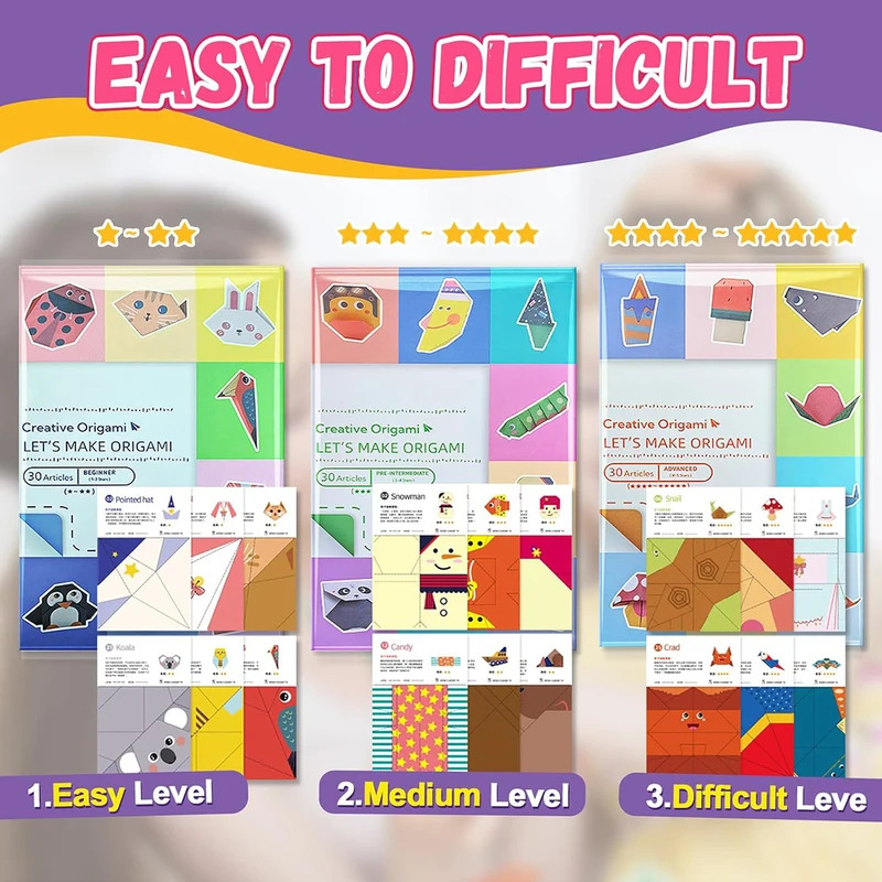 Origami Kit with 30/96 Sheets Paper & Guide Book, DIY Craft Art for Beginners Kids Children Boys Girls