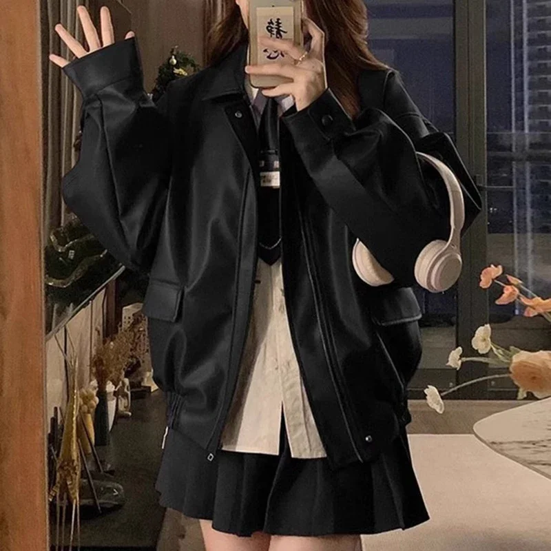ヴィンテージフェイクレザー Pu ジャケット女性のファッションパンクカジュアルジッパー長袖女性バイカーコート春薄いストリートアウター