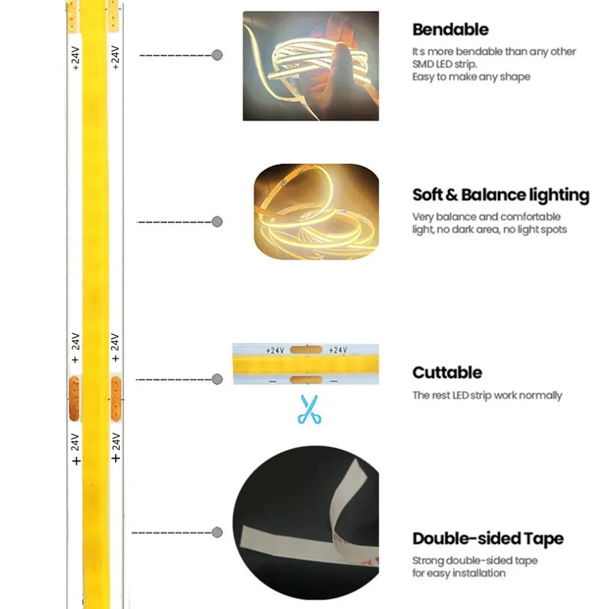 COB LED Strip 8mm 320 LEDs Width Warm Nature Cold White Color Flexible 12V 24V LED Tape Bar Light for House Room Decor