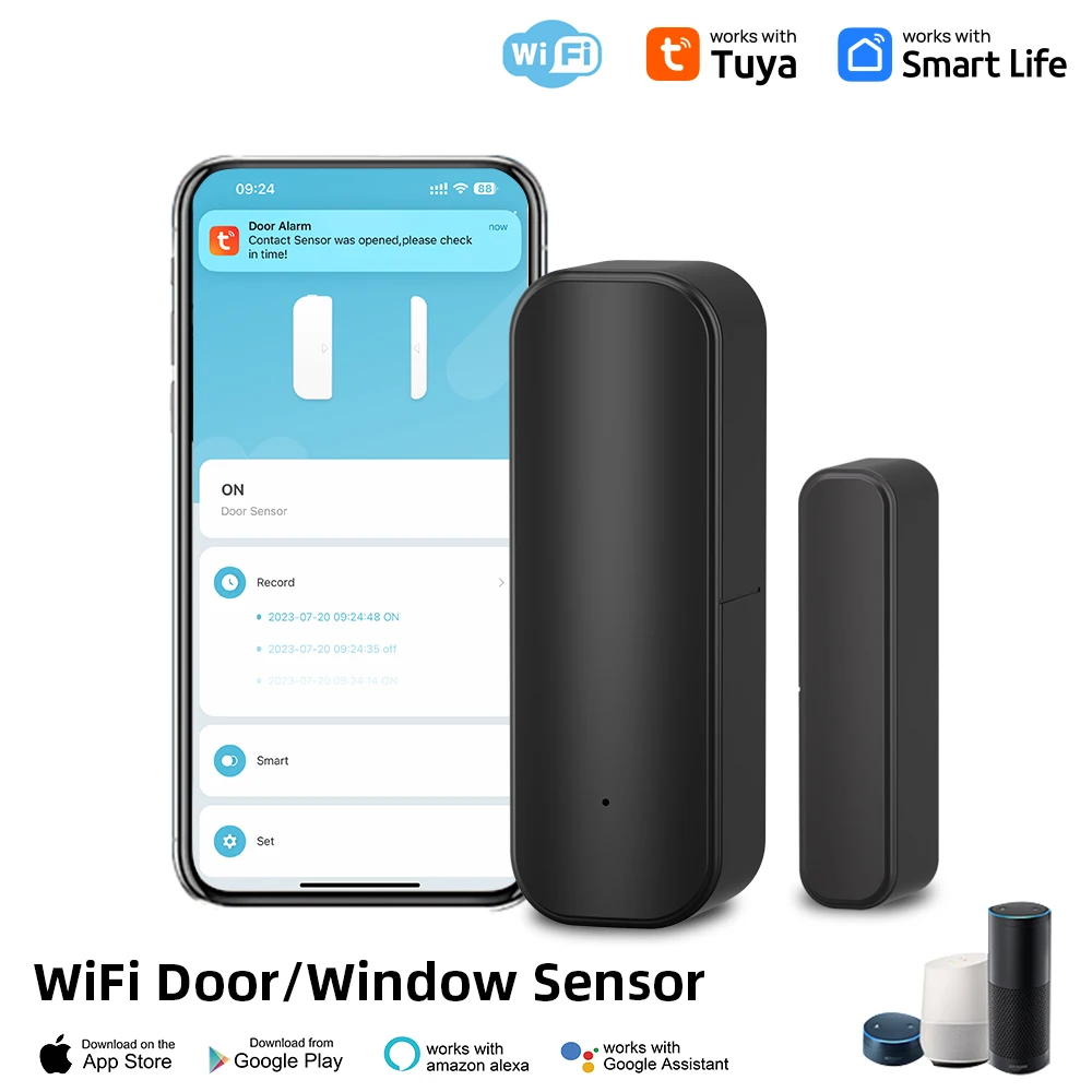 Tuya WiFi หรือ Zigbee เซ็นเซอร์ประตู Smart Life Home Security ประตูเปิด Alert Sensor เซ็นเซอร์หน้าต่างระบบเตือนภัยสีดํา