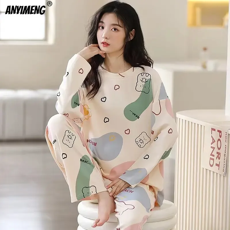 M-5XL ビッグサイズ秋春パジャマセット女性のためのかわいい印刷パジャマ女の子のファッション長袖 O ネック女性のパジャマ