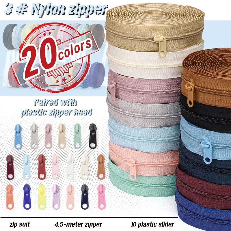 1 sztuka = 4,5m zamka błyskawicznego + 10 plastikowych główek zamka, 20 opcjonalnych kolorów, zamki błyskawiczne do szycia domowego, zamki zamienne do majsterkowania