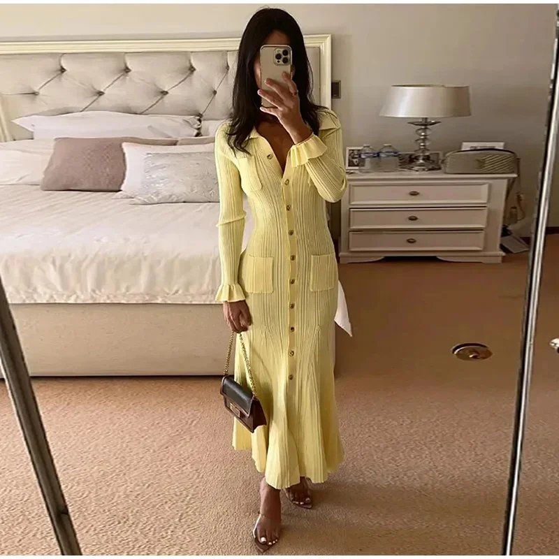 Elegante gestrickte gerippte einreihige lange Kleid Frauen schlanke Revers Flare Ärmel Taschen weibliche Kleider Herbst Dame feste Roben