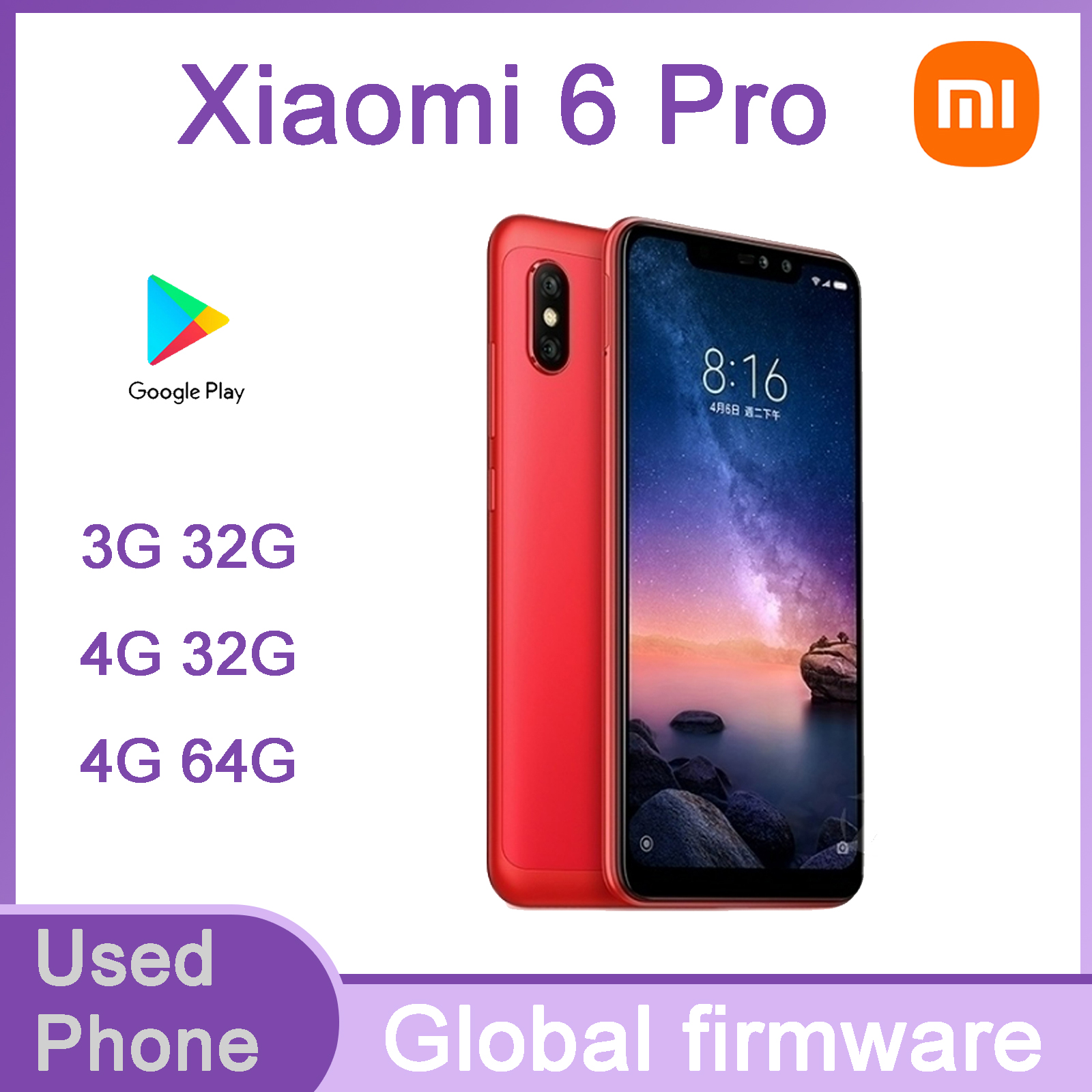 Firmware global Xiaomi Redmi 6 pro Smartphone Mi A2 Lite 4g 64g teléfono móvil Snapdragon 625 4000mAh batería teléfono usado