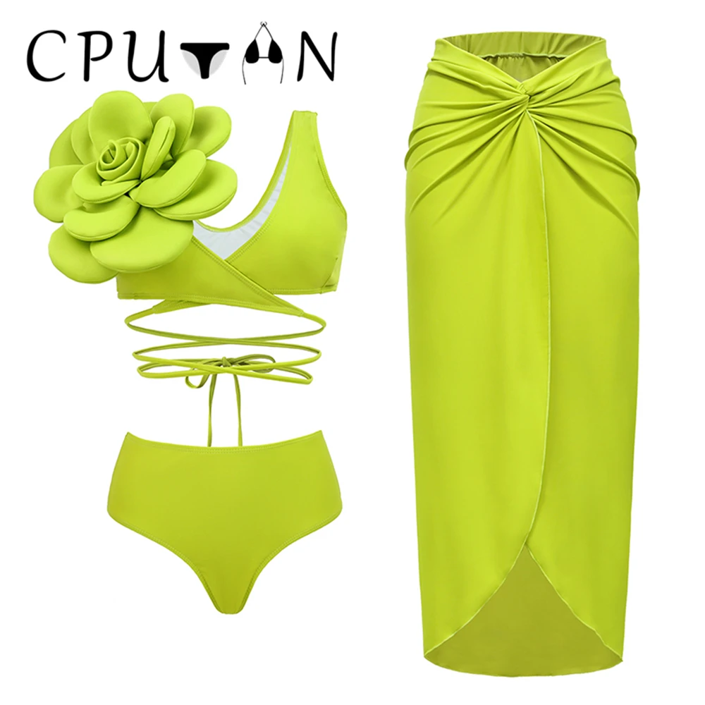 CPUTAN 2024 Set Bikini satu bahu bunga 3D seksi rok pakaian renang wanita pinggang tinggi baju renang Biquini baju renang pantai gaun mandi
