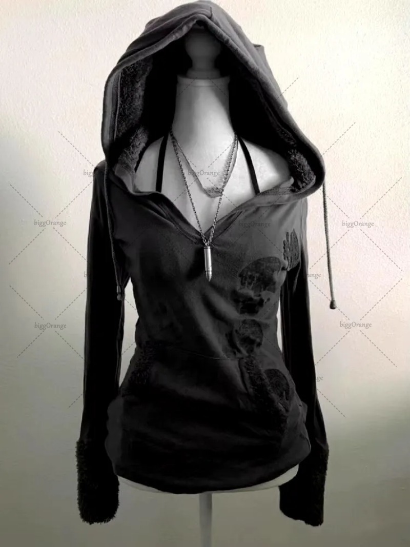 Gothic Punk Fashion Wszechstronna Ciepła Bluza Z Kapturem Mężczyźni Street Retro Classic Harajuku Y2K Casual Loose Oversized Sweatshirt Women