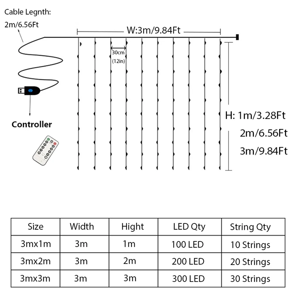 3M x 1M/2M/3M แบตเตอรี่ไฟ LED String USB ไฟ Fairy Garland สําหรับงานแต่งงานปีใหม่คริสต์มาสบ้านผ้าม่านตกแต่ง