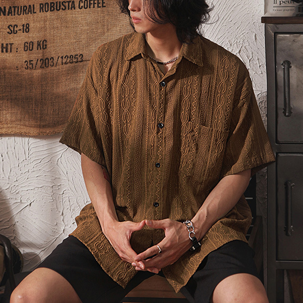 Masculino casual solto oco camisas de manga curta com bolsos retro moda férias/diário all-match topos cor sólida