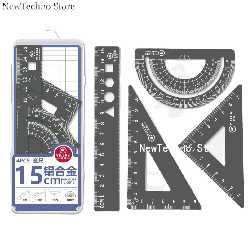 4Pcs/Set Aluminium Ruler Set Metal/Plastic/Soft Geometry Maths Drawing Compass Stationery Rulers Mathematical for School