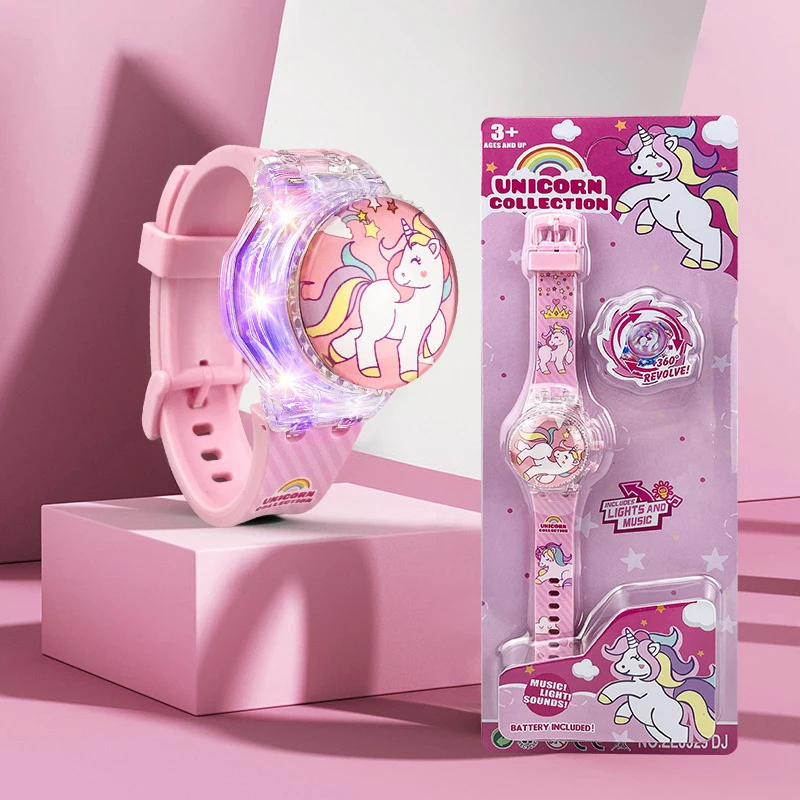 Criativo giroscópio turntable unicórnio crianças relógios para meninas estudantes iluminar relógio luz colorida display eletrônico montre enfant