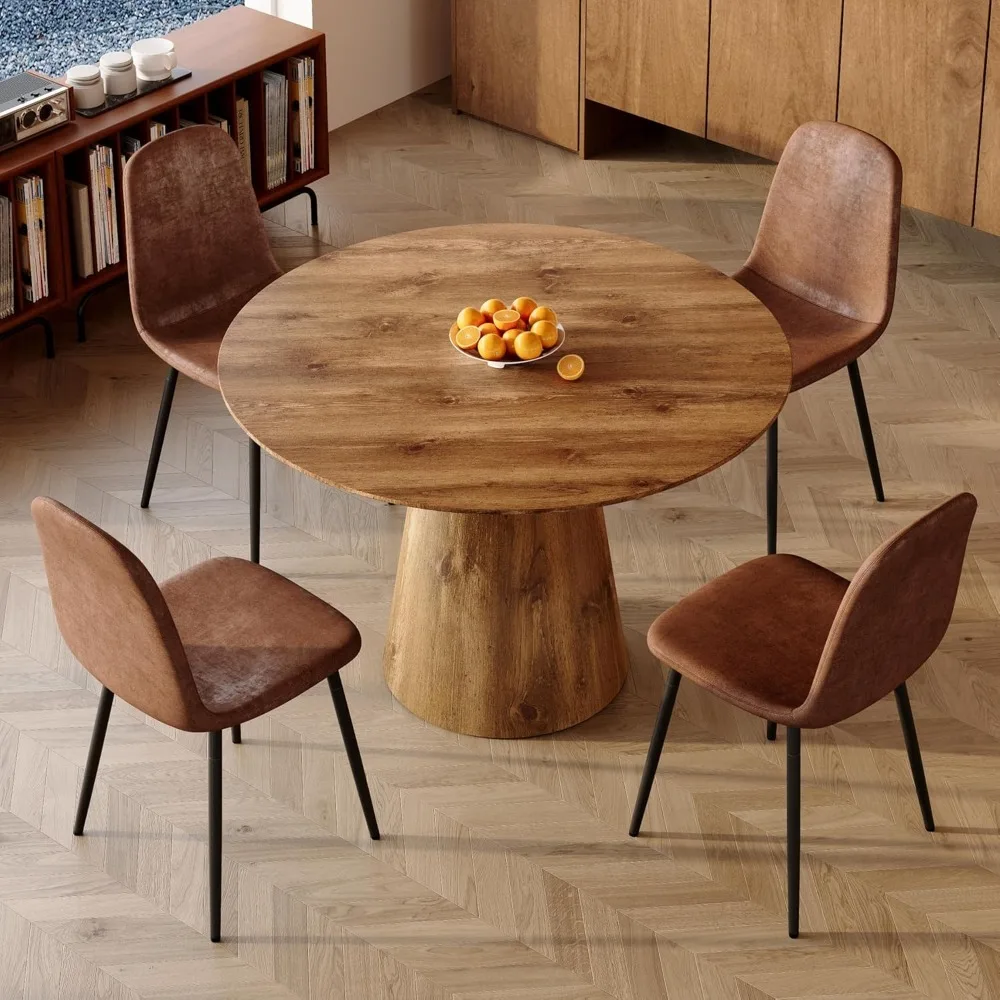 Round Dining Table Set for 4,45'' Wood Kitchen Table Set with Suede Chairs,Farmhouse Dining Table Set for 4,Deal for Apartment