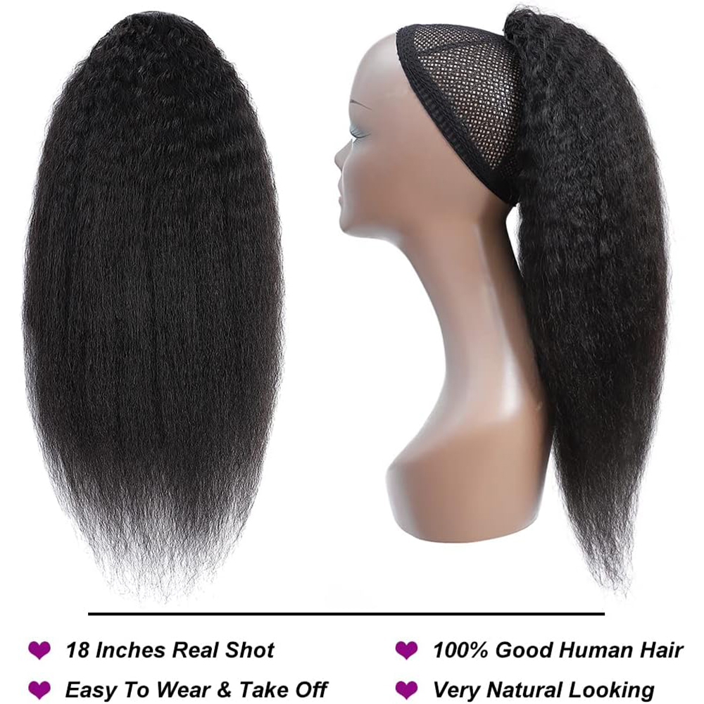 Extensión de cabello humano con cola de caballo recta rizada, 100% cabello humano Real envolvente con cordón en cola de caballo, negro Natural # 1B para mujeres