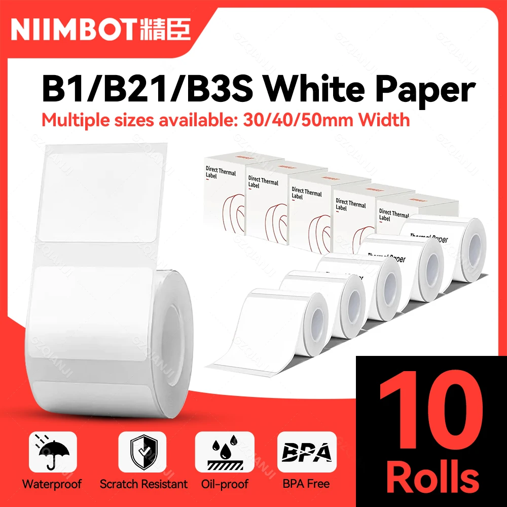 3/5/10 rolos nimbot b21 b1 etiqueta impressora rolo de papel impermeável anti-óleo resistente a rasgos etiqueta de preço papéis adesivos brancos puros