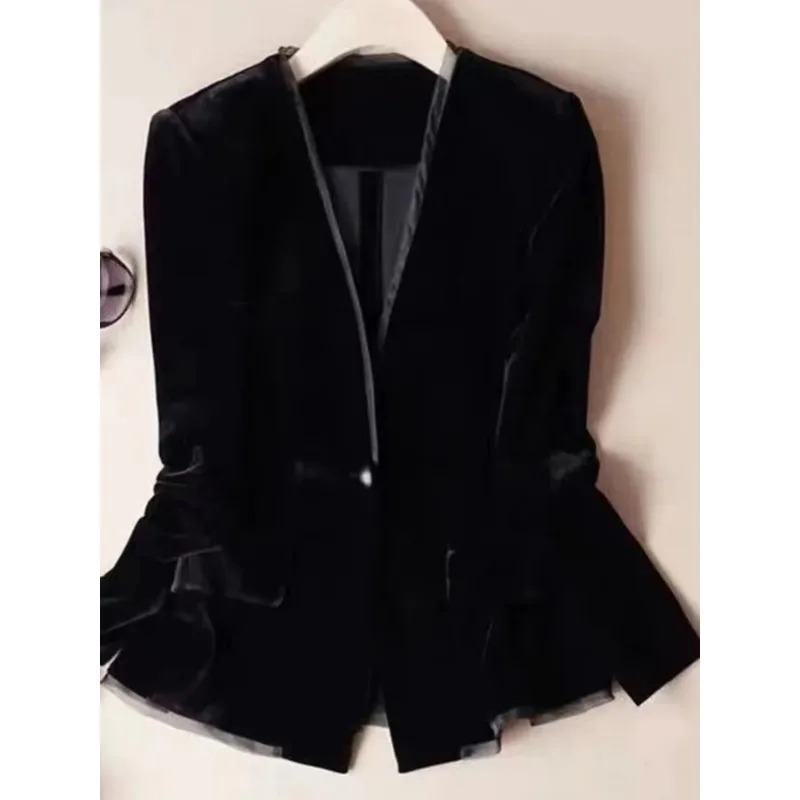 Frau Frühling und Sommer Retro Elegante Kurze Gold Samt Blazer Französisch Stil Einfarbig Lose V-ausschnitt einreiher Blazer