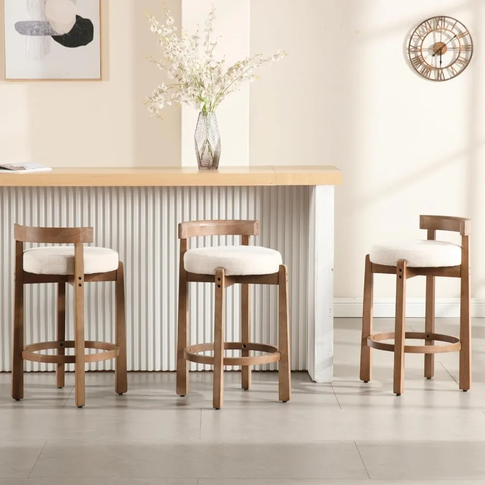 Bar Stools Set of 2, 26.5" Counter Stools Back, Linen Upholstered Barstools Solid Legs Bar Chairs Kitchen Island Dining Room
