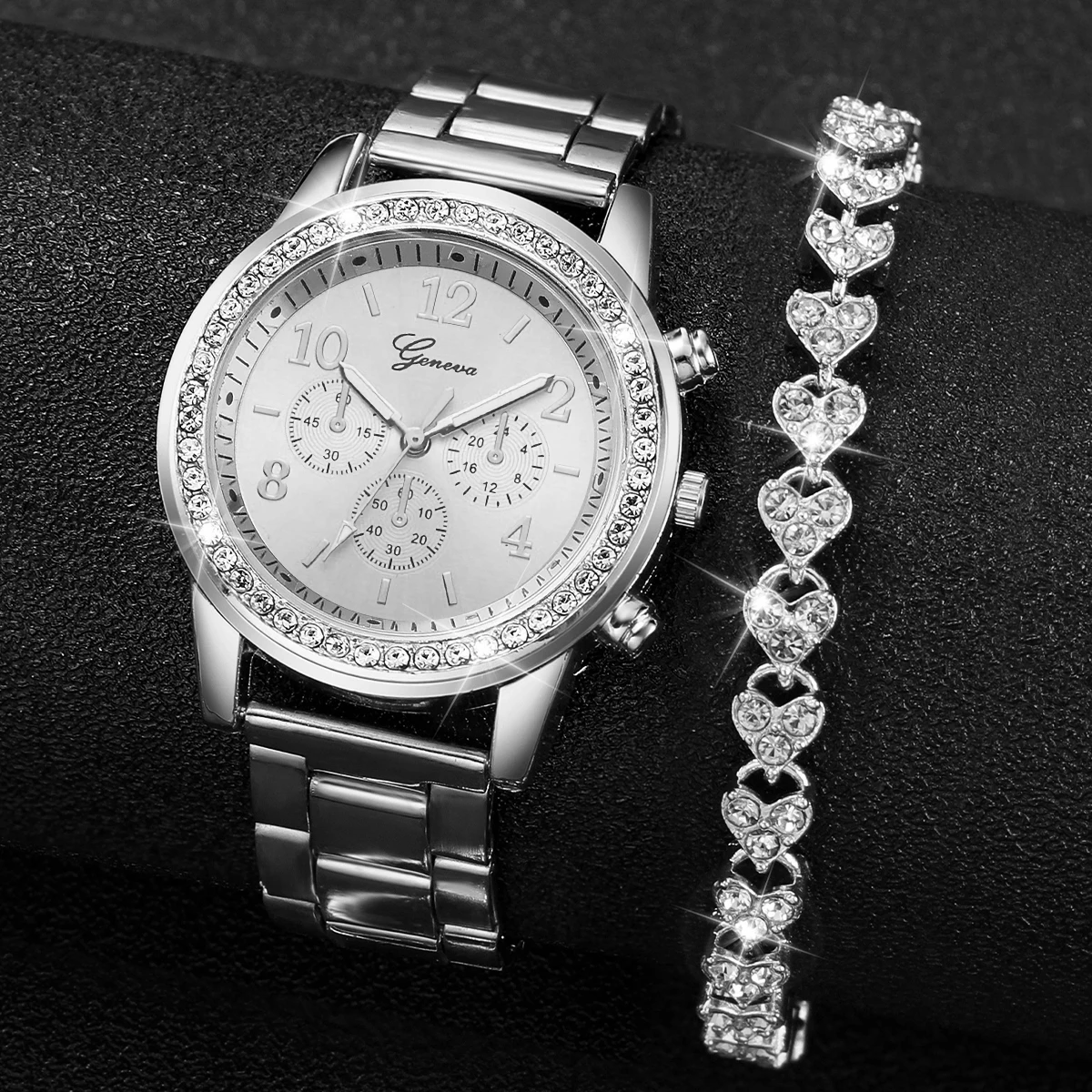 2 ชิ้นผู้หญิงนาฬิกาแฟชั่น Rhinestone Silver Steel Band Analog ควอตซ์นาฬิกาสร้อยข้อมือชุด