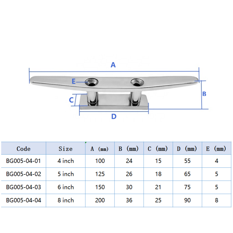 316 grampo do barco do aço inoxidável, Hardware marinho, grampo liso baixo para a plataforma, laço da corda, 2 furos, 4 ", 5", 6 ", 8"