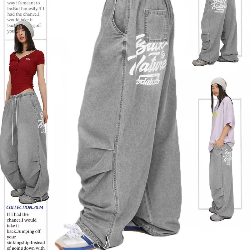 น้ําซีเมนต์สีเทา Hip Hop กางเกงยีนส์วินเทจผู้หญิง American High Street Hundred Dance JAZZ Casual กางเกงฤดูใบไม้ร่วง Frayed Design กางเกงยีนส์