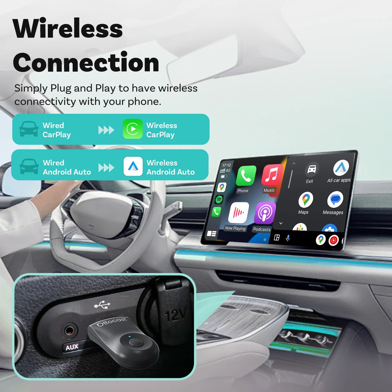 Ottocast 2 в 1, беспроводной адаптер CarPlay Android Auto, Plug Play, быстрый разъем, мини-USB-ключ для Mercedes Benz Audi Toyota и т. д.